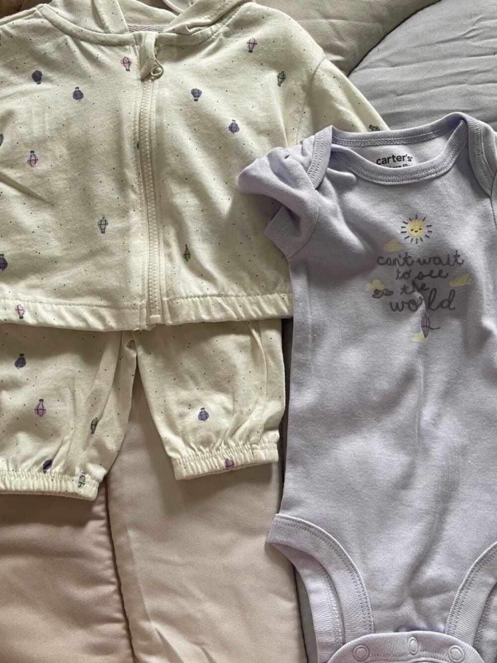 Carter's Baby Girl Newborn 3pc Outfit Hot Air Balloon Purple Hoodie Bodysuit X